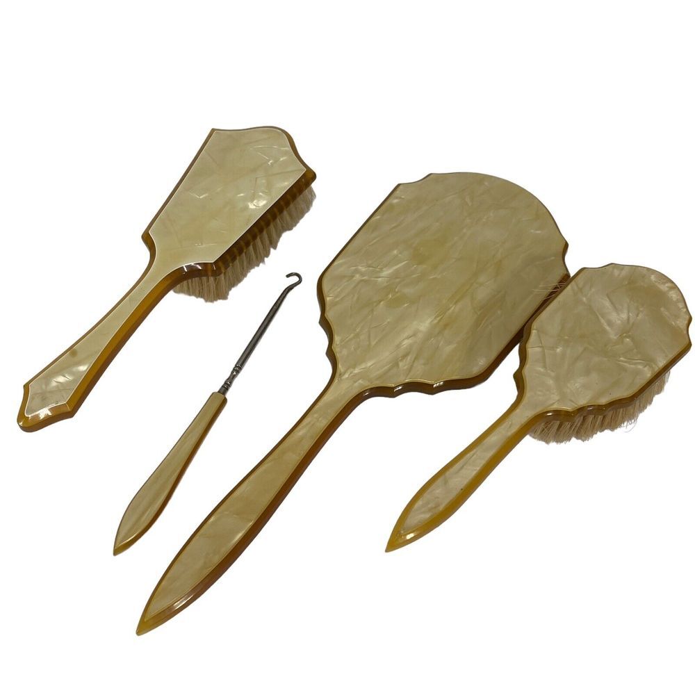 4 Pcs Vanity Set Art Deco Celluloid Bakelite Mirror 2 Brushes Hand weave VTG
